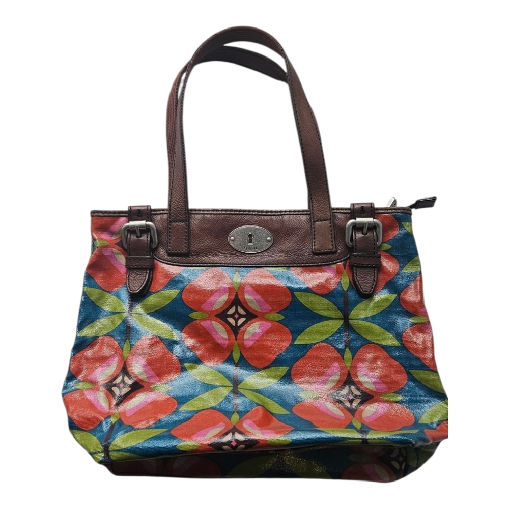 Fossil Key-Per Tote Bag With A Retro-Inspired Floral Pattern.